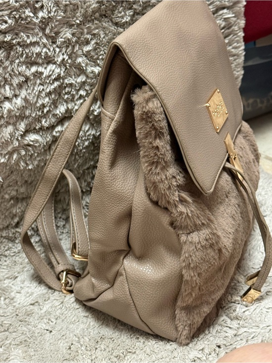 bebe Taupe Faux-Fur Backpack with Gold Hardware main image 8